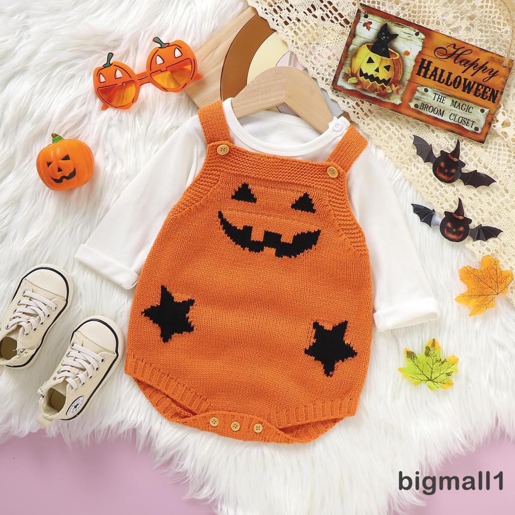 Bigmall-trẻ sơ sinh treo quần áo romper halloween bí ngô in không tay dệt kim quần áo dễ thương
