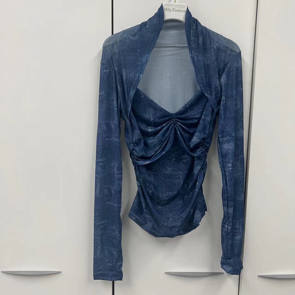 Milyfashion Áo Thun Tay Dài Chống Nắng Mỏng Cổ Chữ v Xuyên Thấu Ôm Dáng Mùa Hè Phong Cách Desire Cho Nữ