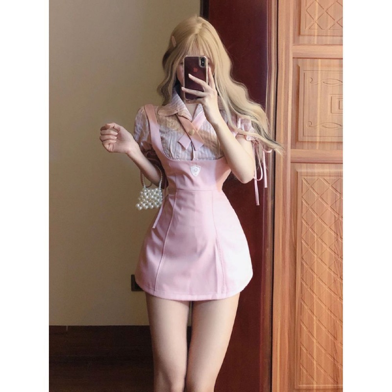 Summer hot girl preppy style pure desire striped short-sleeved shirt + fashion ins slimmer look strap skirt two-piece suit women