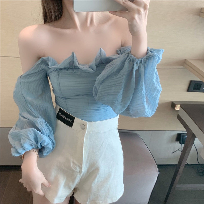 Áo Sơ Mi Chiffon Trễ Vai Nhún Bèo Phong Cách Pháp Thời Trang Mùa Hè Quyến Rũ Cho Nữ