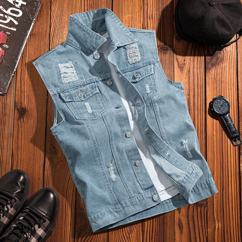 Áo Khoác Denim Sát Nách Dáng Rộng Kiểu Retro Đường Phố Hồng Kông Cá Tính Cho Nam