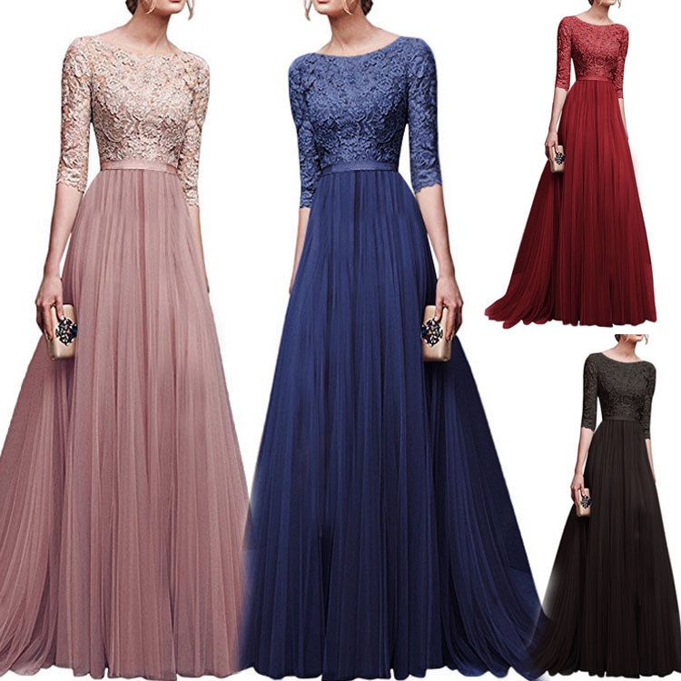Đầm Maxi Tay Lỡ Phối Ren Hoa Thiết Kế Cổ Tròn Thanh Lịch