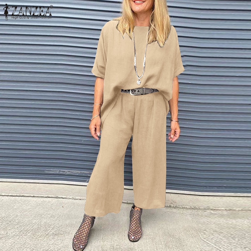 Zanzea Set Áo Kiểu Cổ Tròn Tay Lỡ + Quần Dài Lưng Thun Thời Trang Nữ