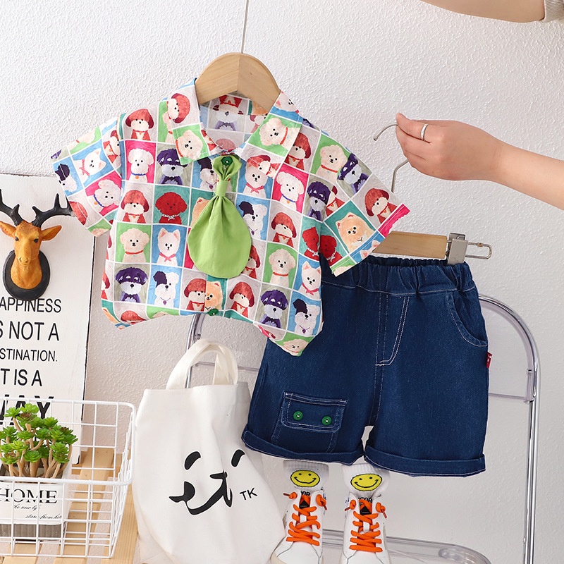 oopsmile Bộ Áo Thun Cotton Ngắn Tay In Hoạt Hình Động Vật + Quần Dành Cho Bé Trai