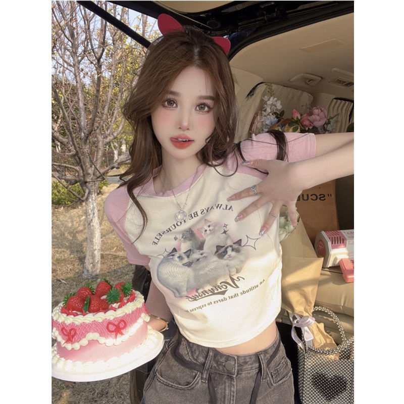 Áo Thun Tay Ngắn Dáng Ôm In Hình Mèo Phối Màu Tương Phản Kiểu Retro Thời Trang Mùa