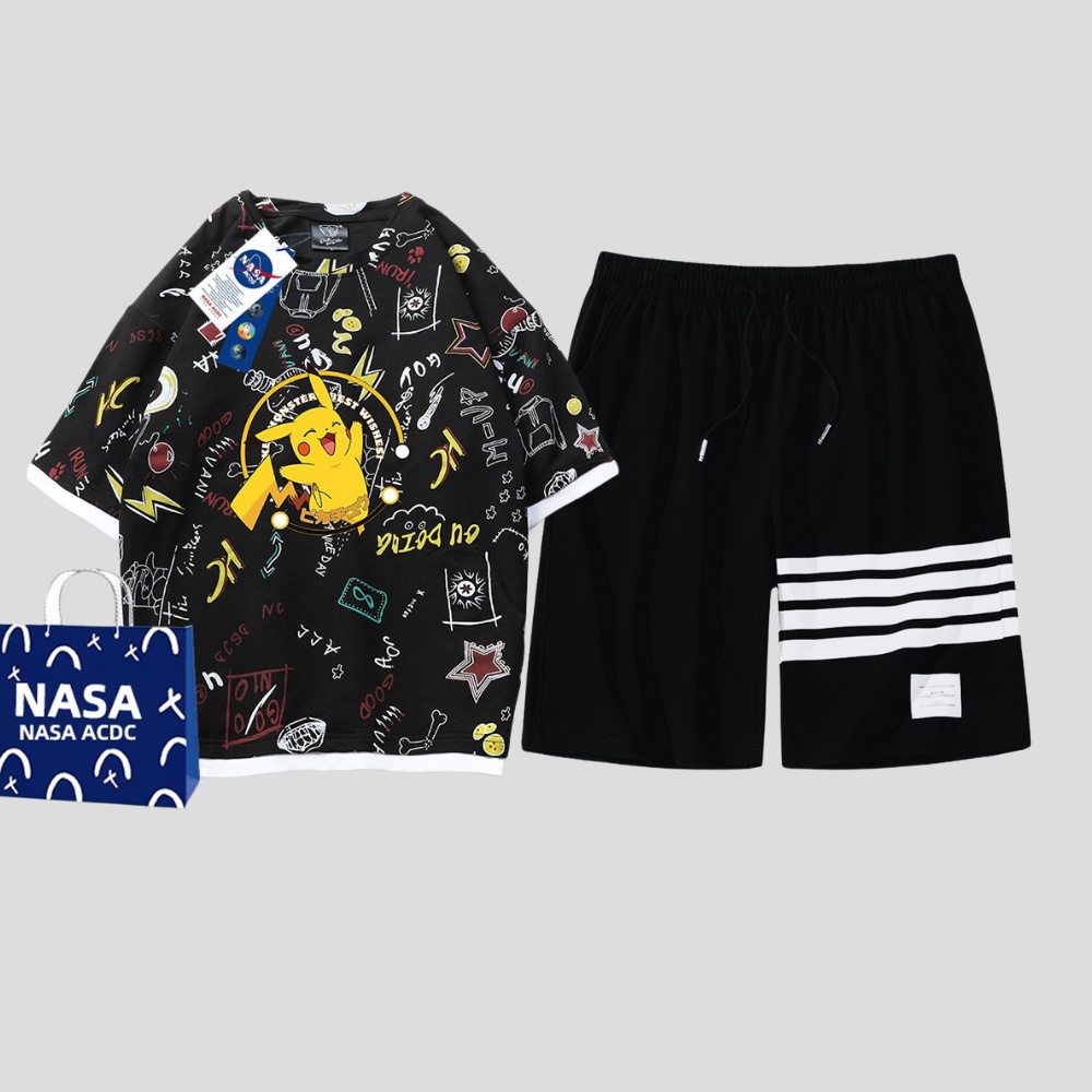 Mẫu mới combo áo thun form rộng hoạt hình pikachu kèm quần short sọc ngang cá tính sozo top 018 ghep short 016