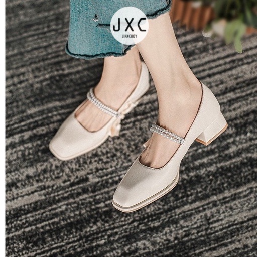 JINxCHOY Giày cao gót JINXCHOY mũi vuông đính nơ và ngọc trai thời trang sành điệu