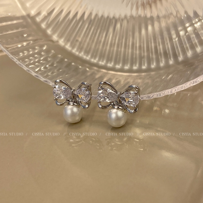 Khuyên Tai Hình Nơ Đính Ngọc Trai Nhân Tạo Cao Cấp Phong Cách Thời Trang Mới 2023