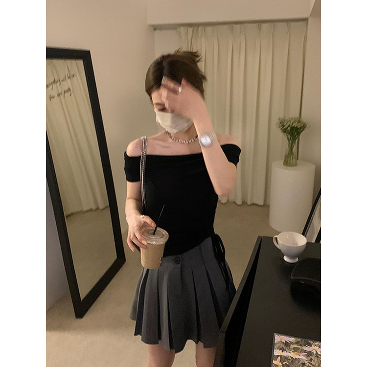 COZOKC Áo Thun Tay Ngắn Trễ Vai Thiết Kế Dây Rút Xếp Ly Xinh Xắn