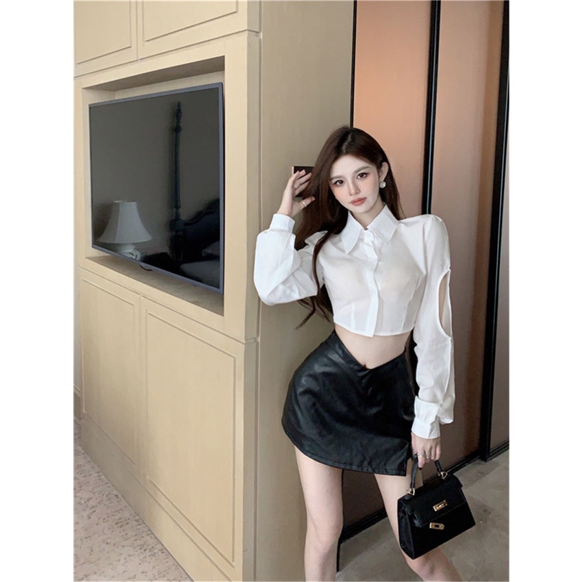 Áo Sơ Mi Ngắn Dáng Ôm Tay Dài Khoét Lỗ Thời Trang Cho Nữ