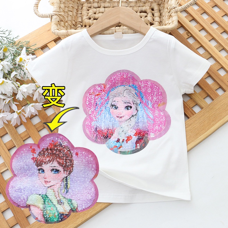 Áo Thun Cotton Tay Ngắn In Hình Công Chúa Elsa Đính Kim Sa Nhiều Màu Sắc Thời Trang Mùa Hè Cho Bé Gái 2-8 Tuổi