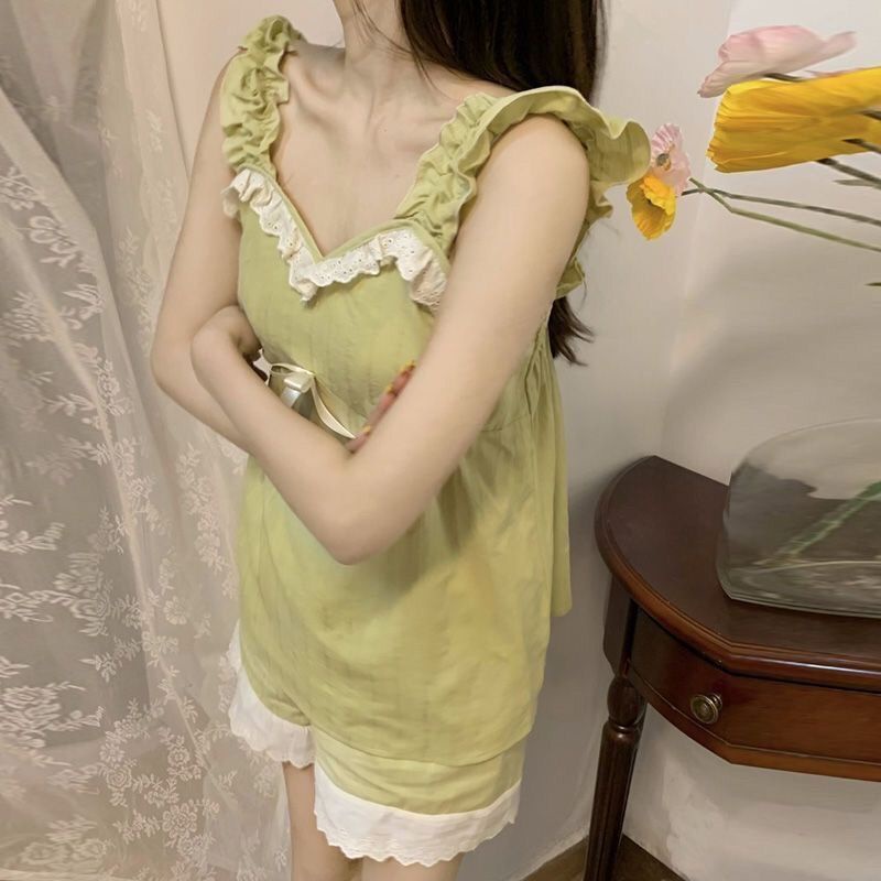 Bộ Đồ Ngủ Hai Dây Phối Ren Có Miếng Đệm Ngực Thời Trang Mùa Hè Cho Nữ