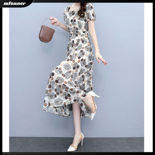 Đầm Dài Ôm Dáng Tay Ngắn Cổ Tròn In Họa Tiết Chấm Bi Kích Thước Lớn Thời Trang Mùa Hè Cho Nữ