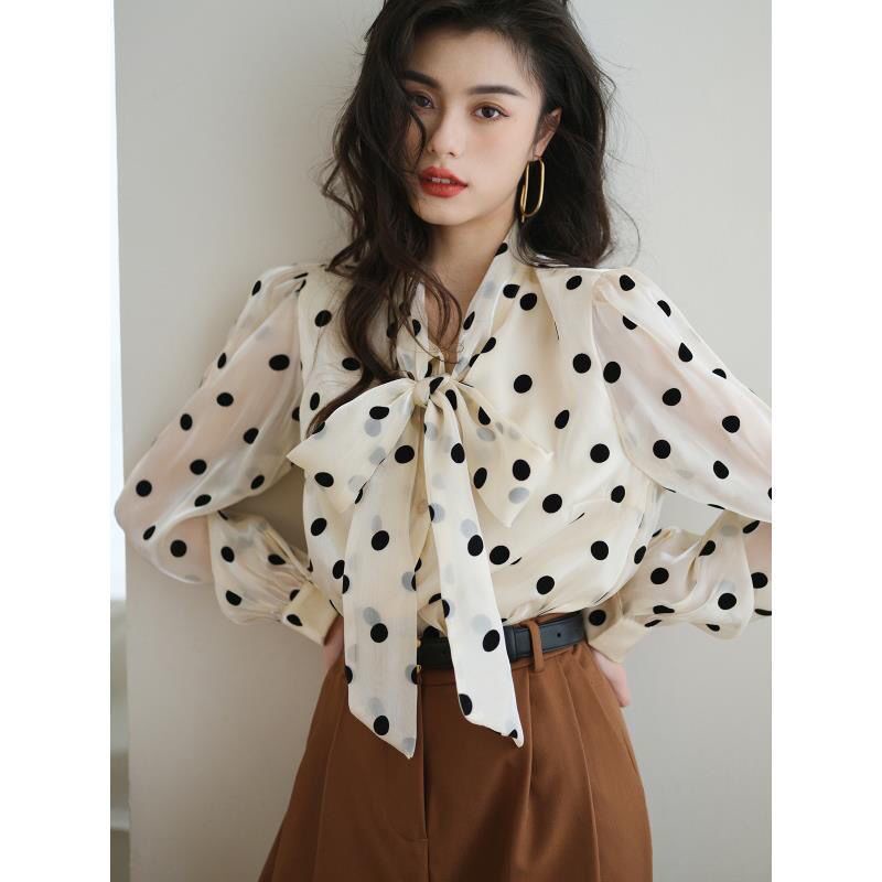 Áo Sơ Mi Cao Cấp Lót Lớp Lót Đính Nơ Họa Tiết Chấm Bi Phong Cách Retro Pháp