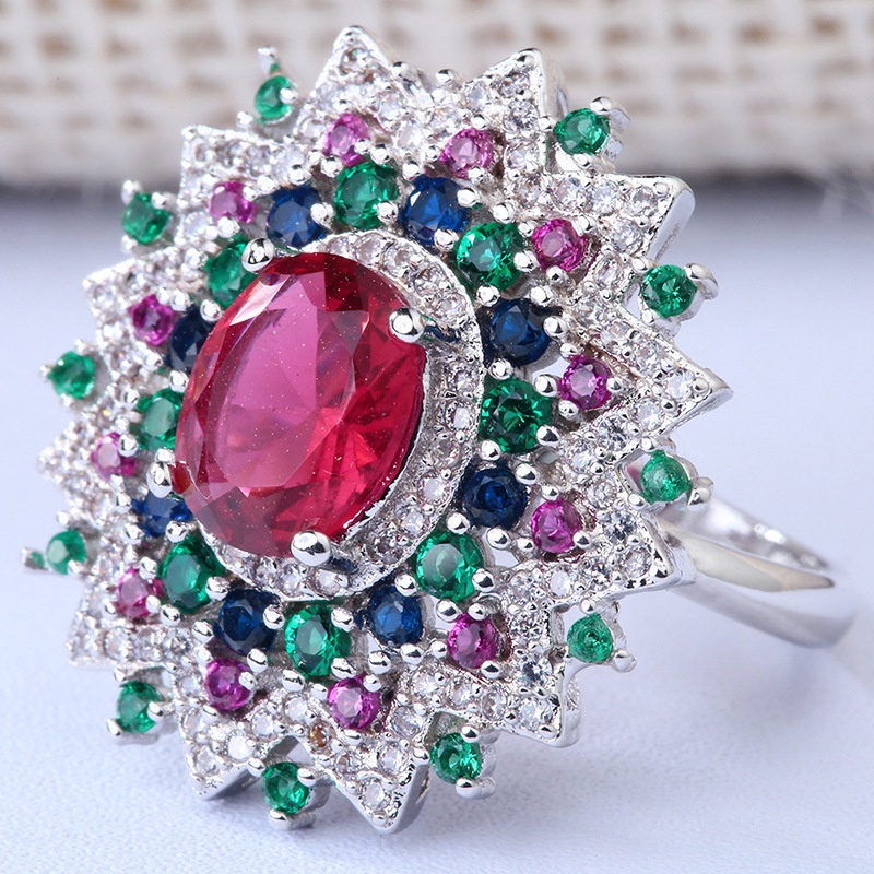 Nhẫn Đính Đá zircon Đỏ Sang Trọng Phong Cách Âu Mỹ