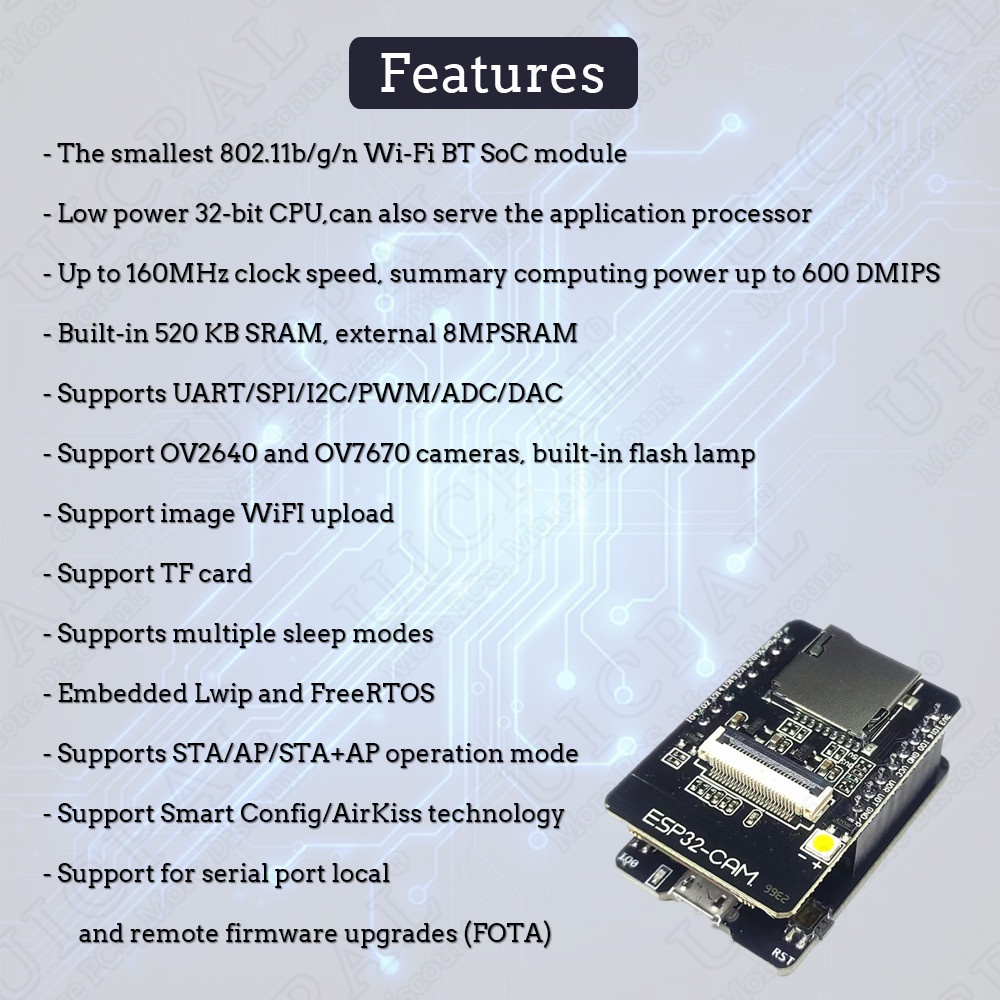 Bộ Camera Không Dây OV2640 ESP32 DVP 24pin 66 120 160 Độ 850nm 2MP 2.4Ghz 8MB PSRAM Bluetooth
