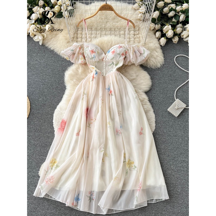 กระแสน้ำSINGREINY Đầm Dây Hở Vai Gợi Cảm Áo Nịt Ngực Không Dây Mùa Hè Đầm Maxi Đầm Dài In Hình Ngọt Ngào Thắt Nơ Hở Lưng