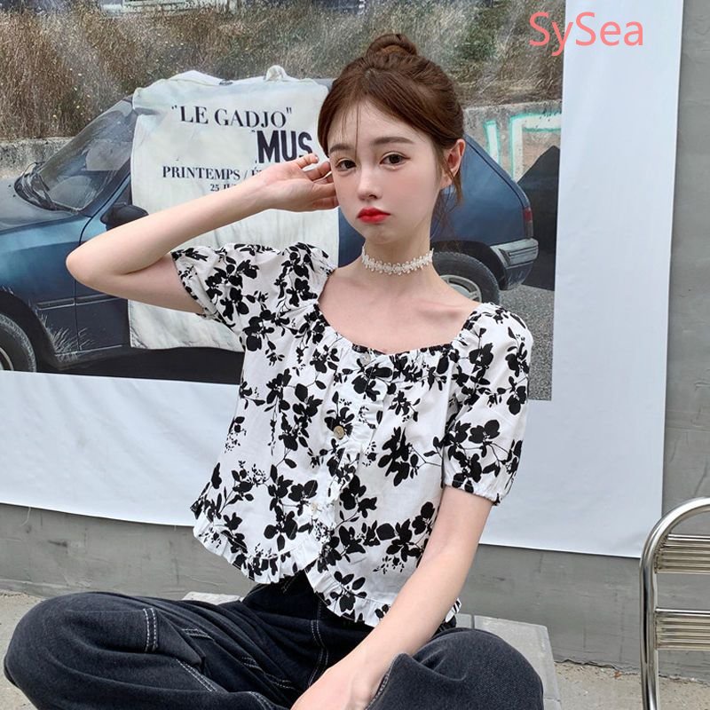 Áo Kiểu Tay Phồng Cổ Vuông Họa Tiết Hoa Phong Cách Hàn Quốc