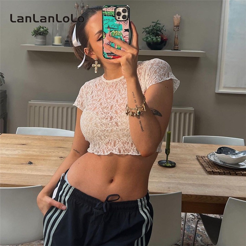 Áo thun LanLanLoLo tay ngắn cổ tròn màu trơn phối lưới nhìn thấu thời trang 2023 cho nữ