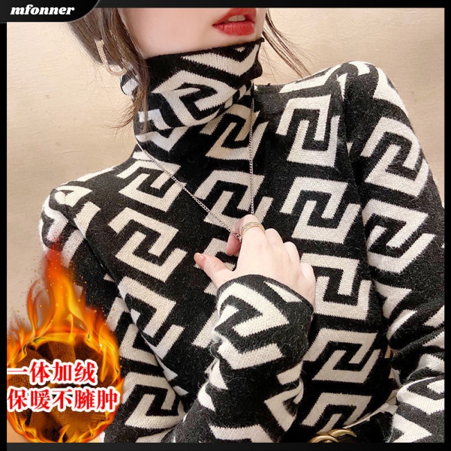 Áo Sweater Cổ Lọ Tay Dài Dáng Ôm Sọc Ca Rô Thời Trang Ấm Áp Xinh Xắn Cho Nữ