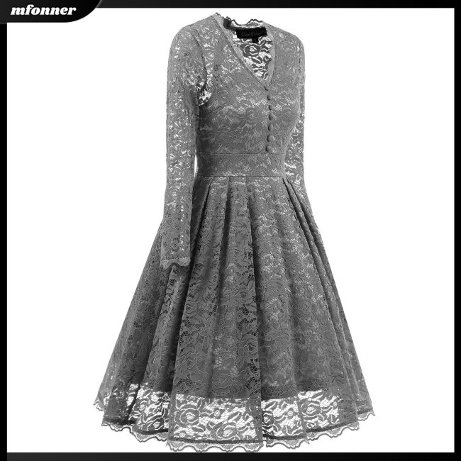 Đầm Tay Dài Cổ Chữ V Phối Ren Hoa Phong Cách Vintage