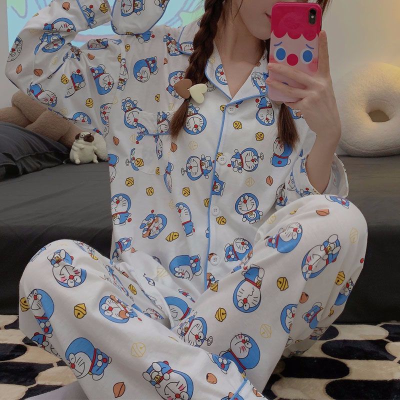 Bộ Đồ Ngủ Tay Dài in Hình Doremon Phong Cách Nhật Bản Thời Trang Xuân Thu Cho Nữ