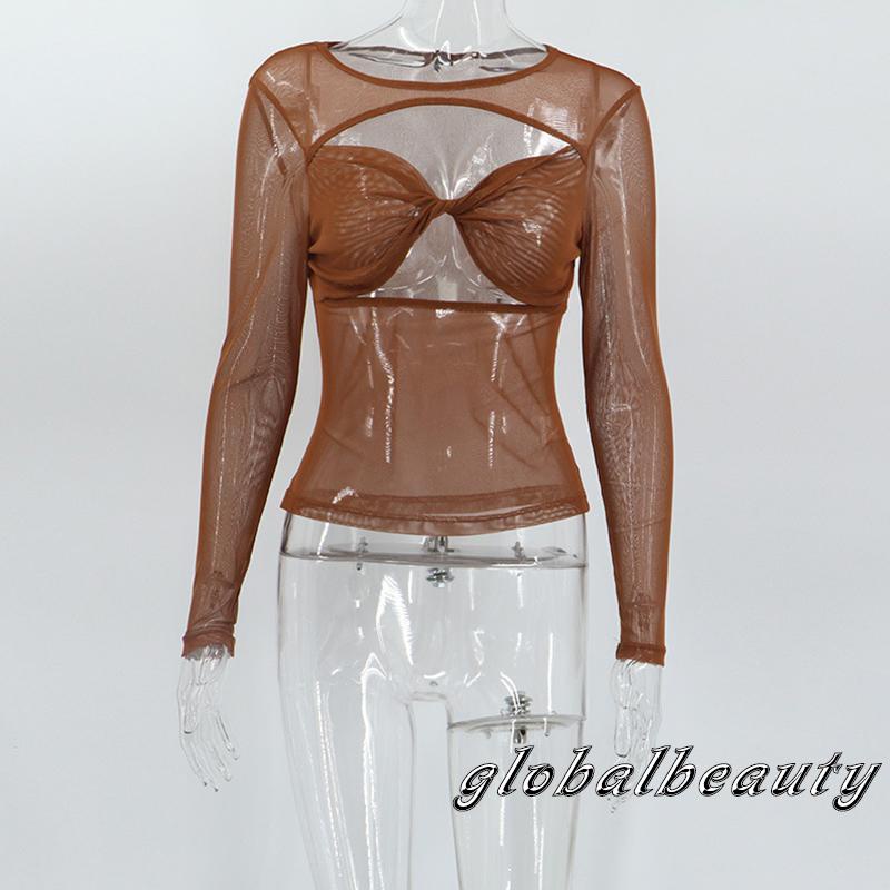 Áo Thun Dài Tay Màu Trơn Phối Lưới Thời Trang Cho Nữ