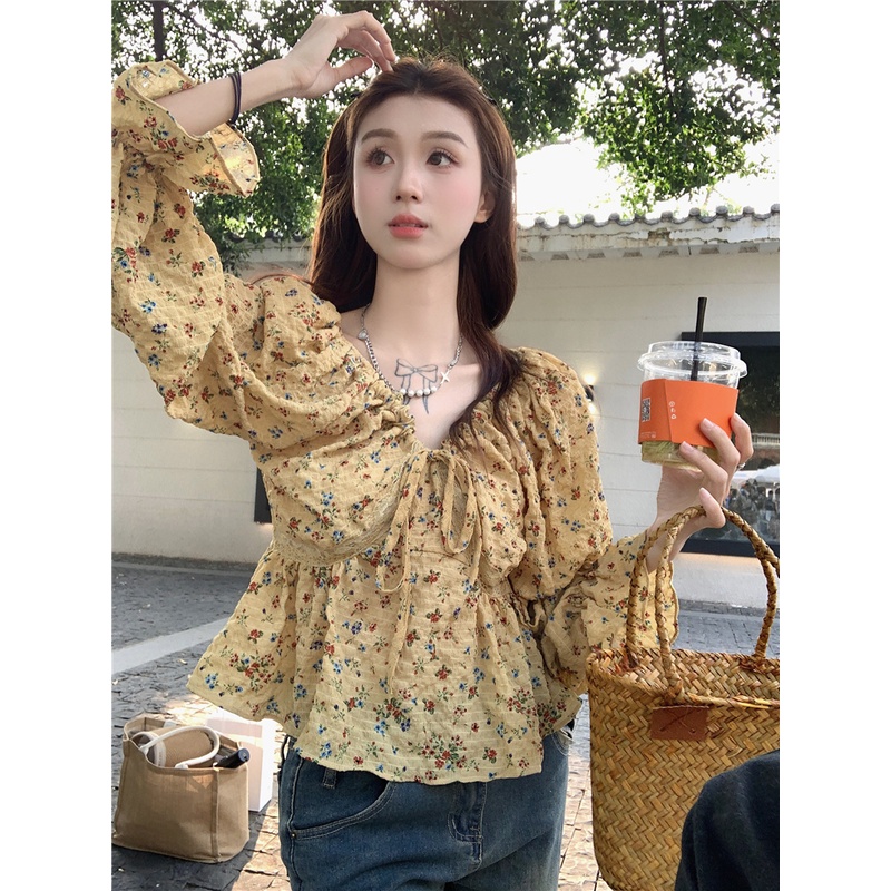 Áo Sơ Mi Tay Dài Dáng Rộng Cổ Chữ V In Hoa Thời Trang Cho Nữ