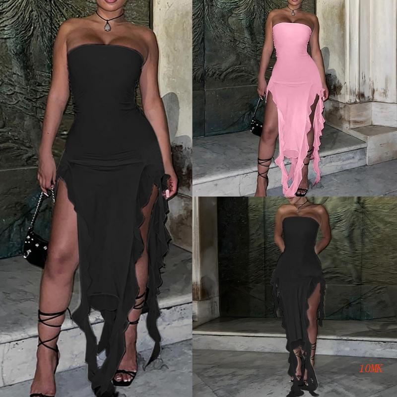 Xiangbao Đầm Dài Ôm Dáng Hở Vai Phối Bèo Và Lưới Tua Rua Xẻ Tà Không Đối Xứng Thời Trang Mùa