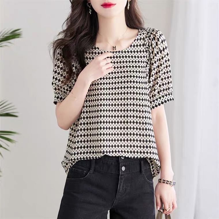 Áo Chiffon Nữ Tay Ngắn Cổ Tròn In Hoa Phong Cách Phương Tây Thời Trang Mùa Hè