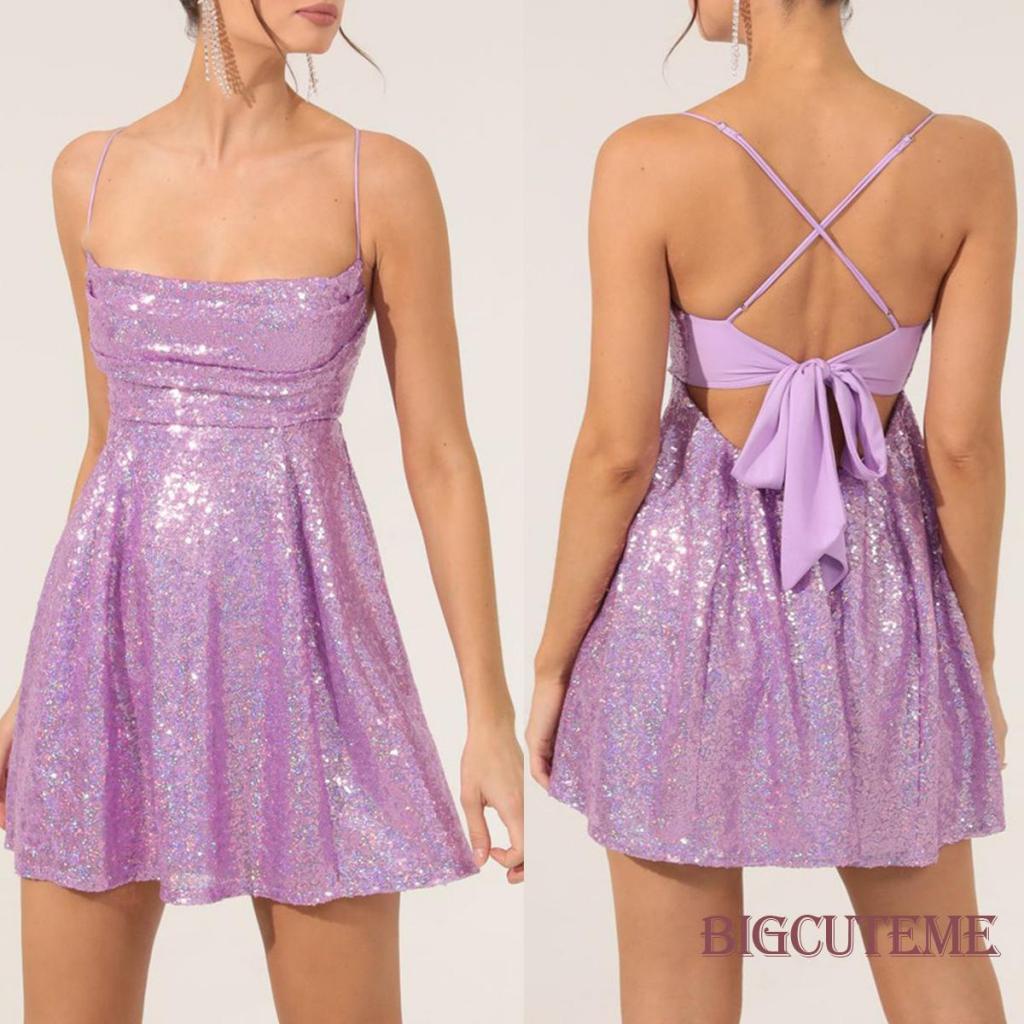 [] - Đầm Hai Dây Mini Hở Lưng Đính Kim Sa Màu Tím / Đỏ / Đen / Xanh Lá Mùa Hè Cho Nữ