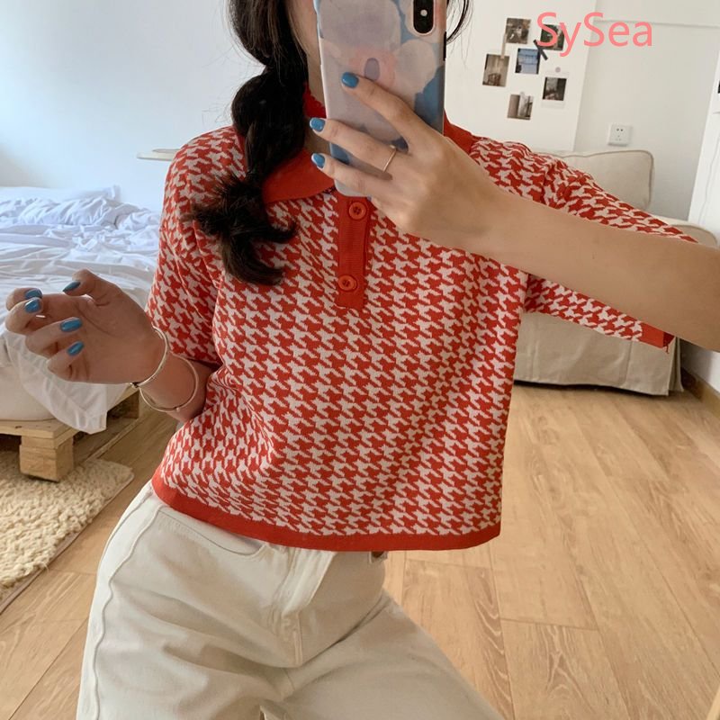 Áo Sơ Mi Dệt Kim Cổ Bẻ Sọc Ca Rô Thời Trang Hàn Quốc Cho Nữ