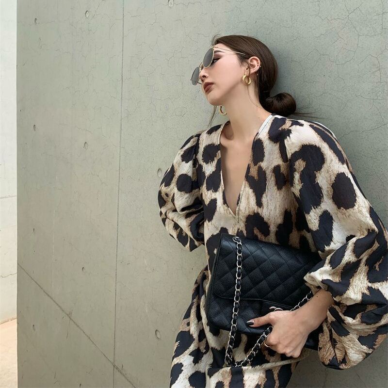 Đầm Midi Tay Dài Cổ Chữ V In Họa Tiết Da Báo Thời Trang Mùa Hè Hàng Mới 2023 Dành Cho Bạn Nữ