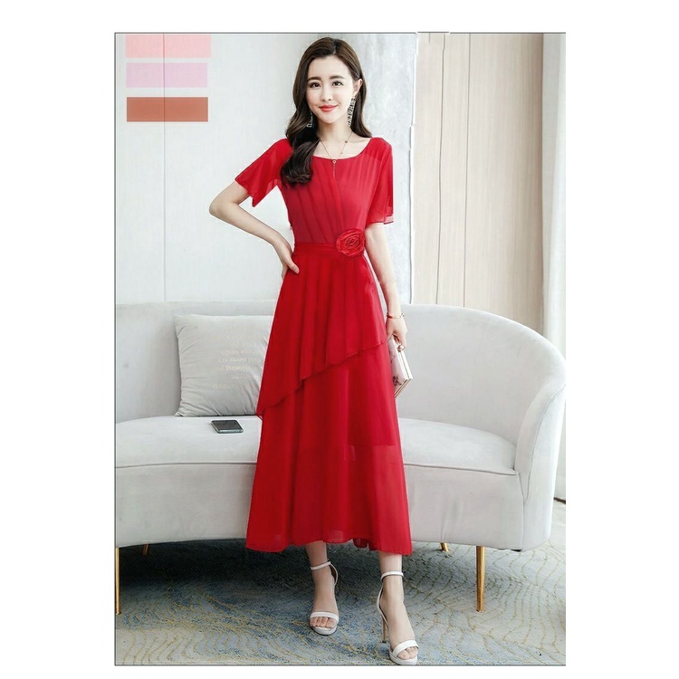Đầm Maxi Đính Hoa eo Xếp Ly Cách Điệu