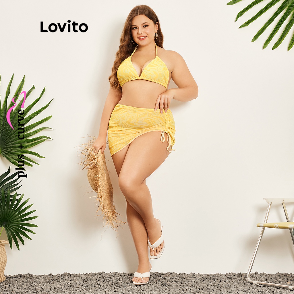 Bộ đồ bơi bikini Lovito phối lưới dây mảnh nhiệt đới thường ngày tôn đường cong size lớn cho nữ LPS07075 (Màu vàng)