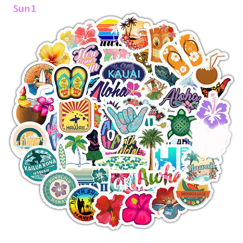 Set 50 Sticker Hoạt Hình Dán Trang Trí Laptop Ván Trượt Phong Cách Hawaii