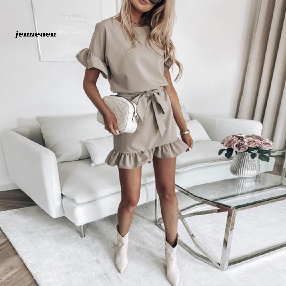 Đầm Tay Ngắn Cổ Tròn Màu Sắc Thời Trang Dành Cho Nữ