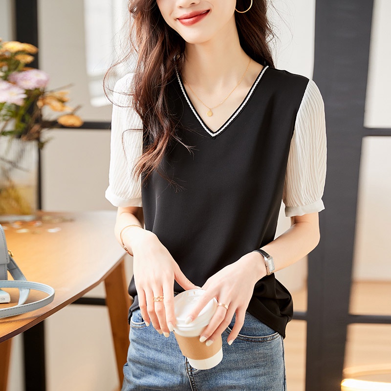 Áo Sơ Mi Chiffon Lụa Bạc Lụa Dáng Rộng Cổ Chữ V Tay Ngắn Thời Trang Mùa Hè 2023 Mới Chất Lượng Cao Cho Nữ