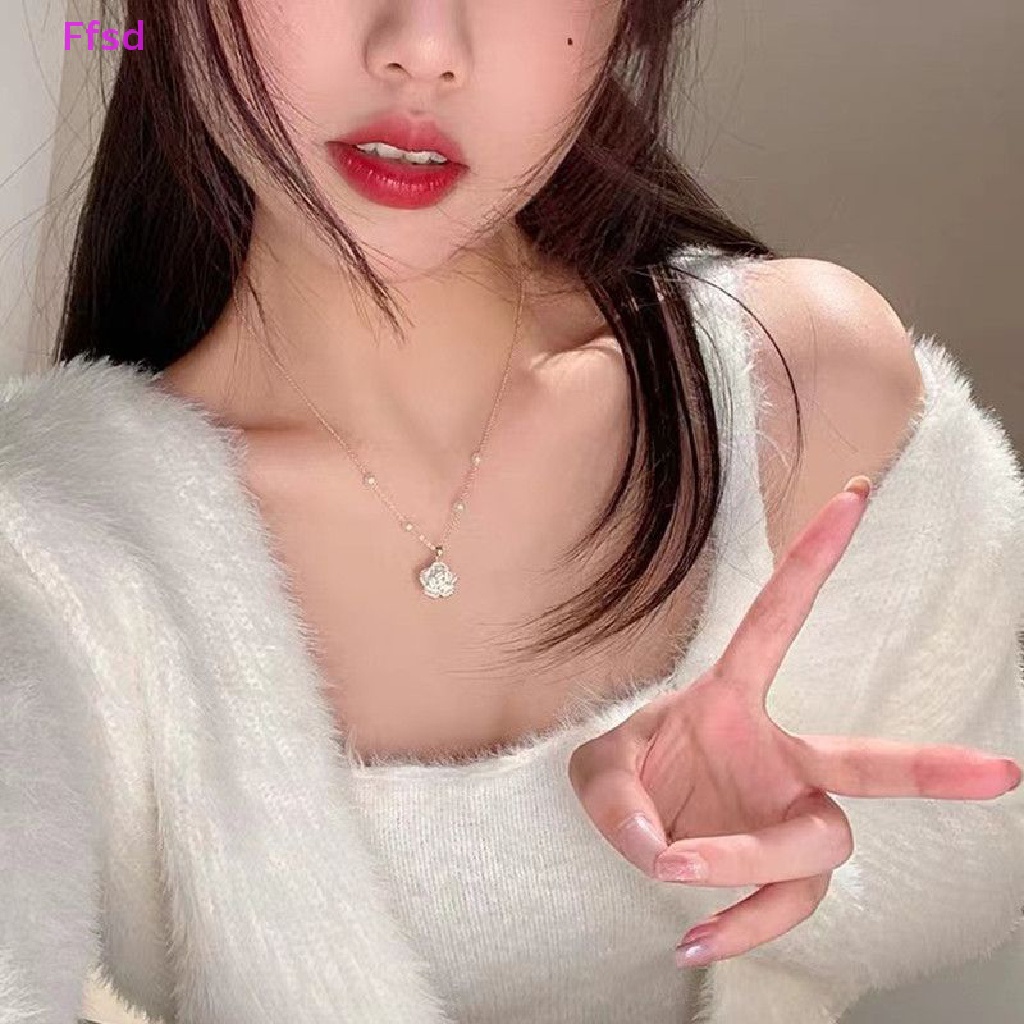 {Ffsd} Bộ Trang Sức Dây Chuyền / Nhẫn / Vòng Tay Mở Hình Hoa Trà Đính Ngọc Trai Thanh Lịch Cổ Điển Có Thể Điều Chỉnh