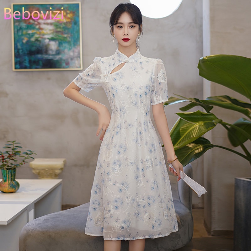 Đầm Sườn Xám Qipao Truyền Thống Trung Hoa Ngắn Tay Thêu Hoa Mùa Hè Mới Cho Nữ
