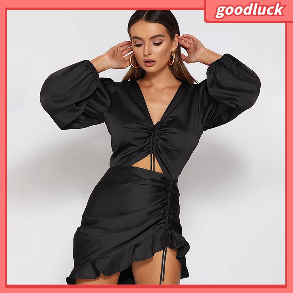 [ULK] Đầm Satin Ôm Dáng Tay Phồng Dài Cổ Chữ V Khoét Sâu Viền Bèo Rỗng