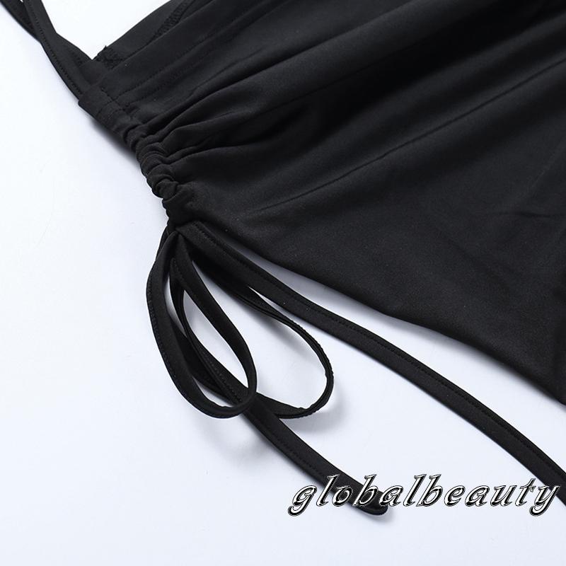 Đầm Ngắn Không Tay Kiểu Dây Rút Màu Đen Thời Trang Mùa Hè Cho Nữ