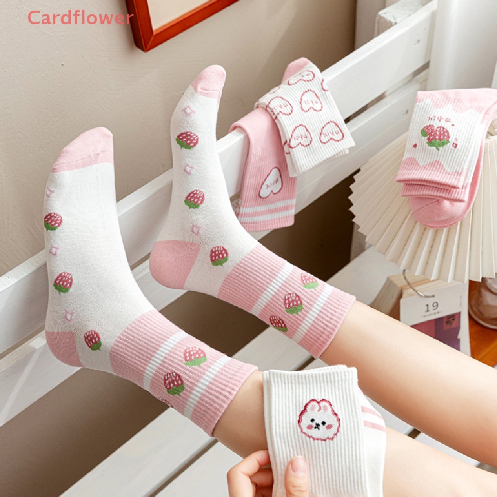 &lt; Cardflower &gt; Mới Vớ Cotton Cổ Vừa In Họa Tiết Dâu Tây Màu Hồng Ngọt Ngào Thời Trang Cho Nữ