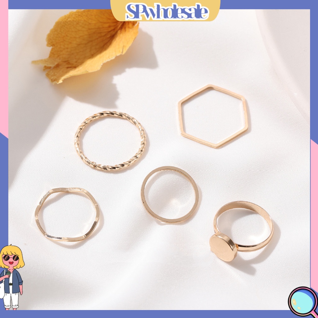<SPwholesale> Bộ 5 Nhẫn Hợp Kim Mỏng Đính Đá Lấp Lánh Thời Trang Cho Nữ
