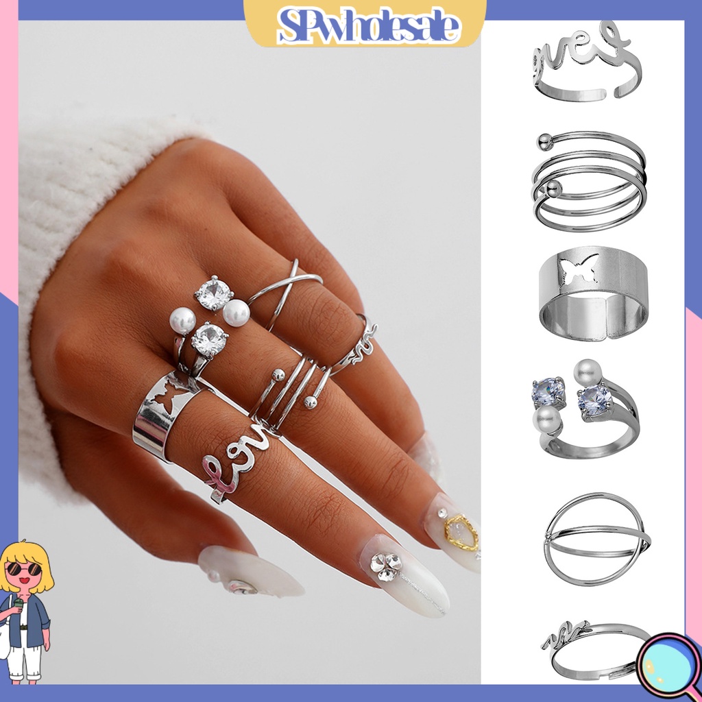 <SPwholesale> Bộ 6 Nhẫn Đeo Ngón Tay Hình Bướm / Ngọc Trai Giả Thời Trang Có Thể Điều Chỉnh Cho Nam Và Nữ