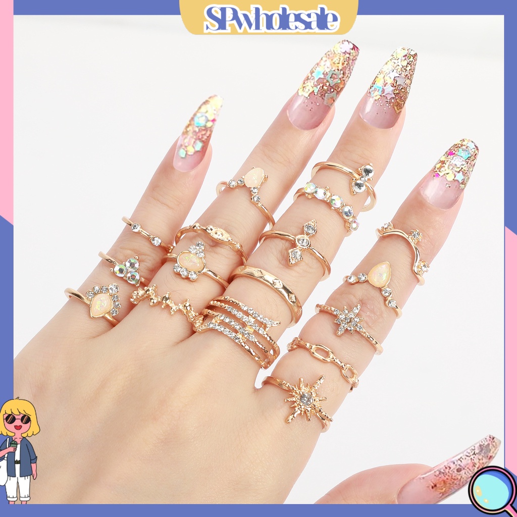 <SPwholesale> Bộ 17 Nhẫn Đính Đá Nhân Tạo Phong Cách Bohemian Thời Trang