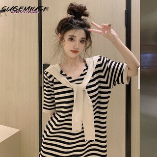 Sugemiusi Đầm Dệt Kim Ngắn Tay Có Mũ Trùm Xẻ Tà Và Khăn Choàng Kẻ Sọc Mùa Hè