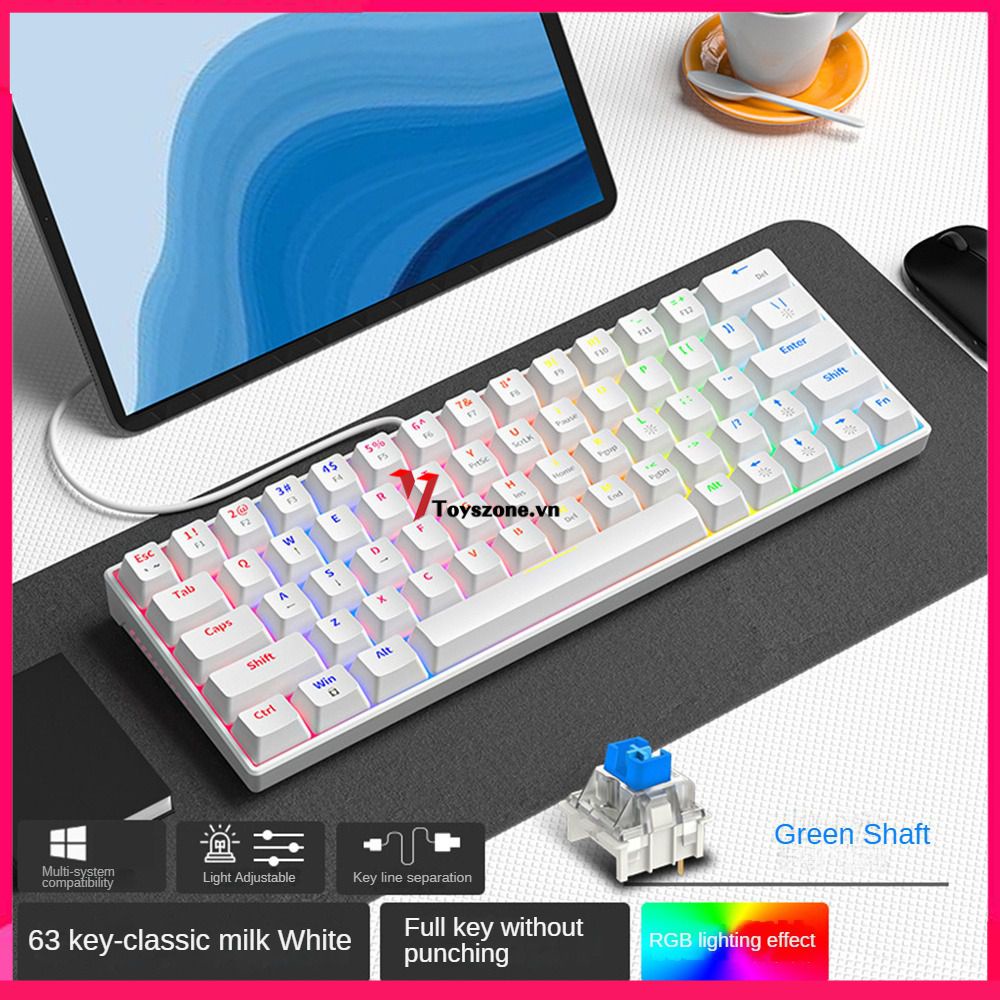 Bàn Phím Cơ 63 Phím Cho Game Thủ Công Tắc Đèn Nền Đen Trục Xanh Trục Đỏ Cho Máy Tính Bảng Văn Phòng Có Dây Nhỏ