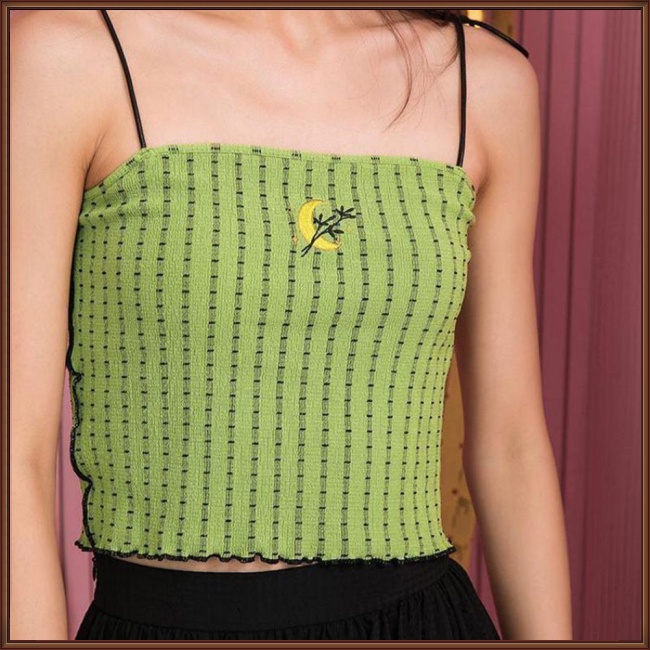Áo Hai Dây Sát Nách Vải Cotton Mềm Mại Thêu Họa Tiết Sọc Caro / Mặt Trăng Ngọt Ngào Thời Trang Cho Nữ