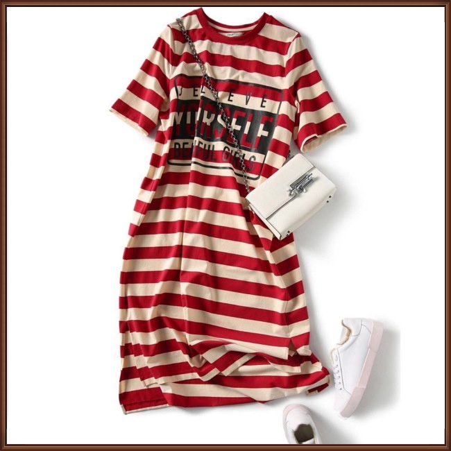 Đầm Thun Tay Ngắn Dáng Rộng Họa Tiết Kẻ Sọc Thời Trang Mùa Hè Xinh Xắn Cho Nữ